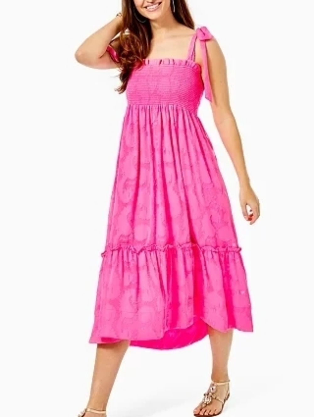 Lilly Pulitzer Sleeveless Tiered Smocked Rivera Midi Dress Cockatoo Hot Pink XL
